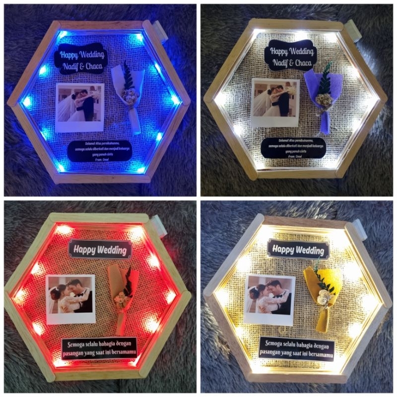 TANPA PO Hexagonal frame Led custom Kado Pernikahan / Happy Wedding / kado Wedding