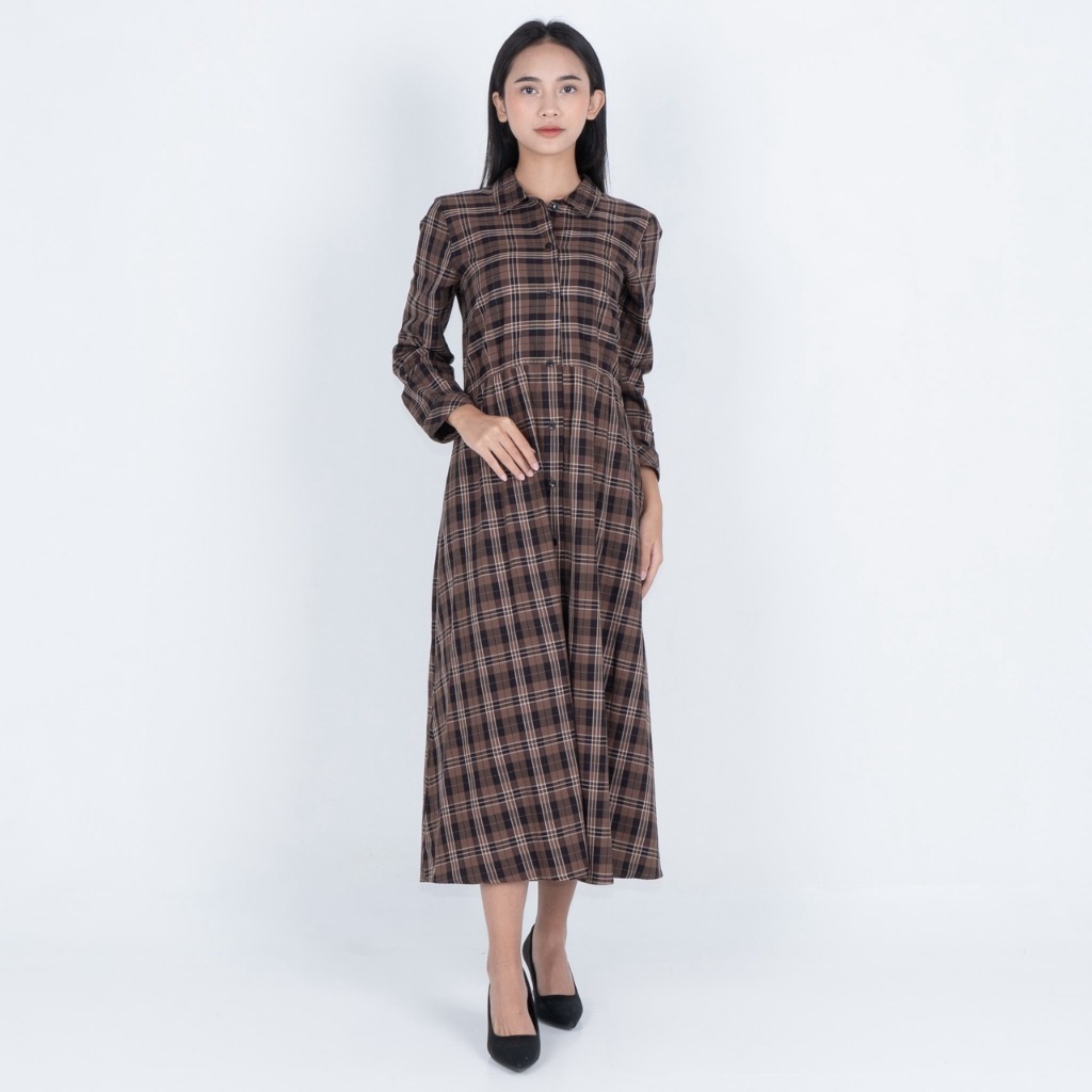 Benhill Gamis Wanita Herringbone Lengan Panjang Kotak  Coklat A546-31530
