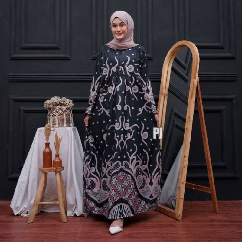 Baju Gamis Batik Wanita Modern Motif Akar Hitam Pekalongan Jumbo Lebaran Terbaru
