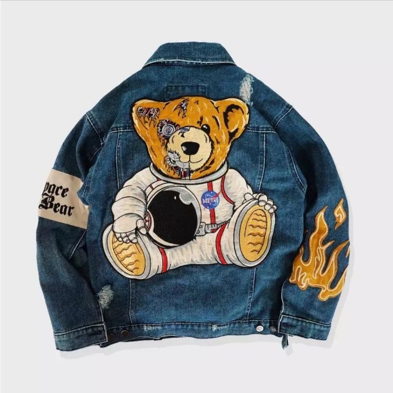 RIPPED DENIM JACKET - SPACEBEAR MEMPHISORIGINS ORIGINAL - SIZE S M L XL XXL XXXL - HEBITORA  / BLACK