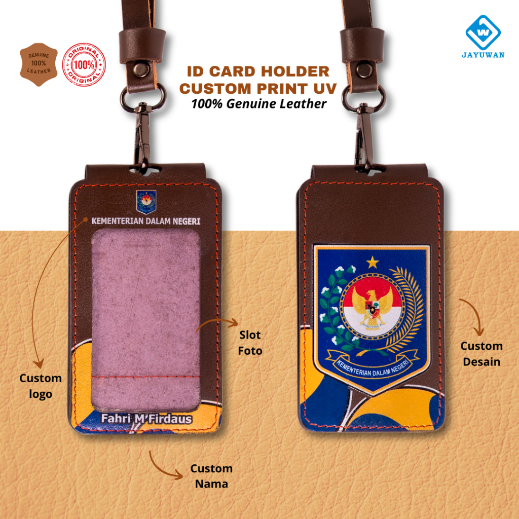 

JAYUWAN KREATIF - 3 Pcs ID Card Holder Lanyard Print UV Kulit Asli Bisa Custom Nama Dan Logo