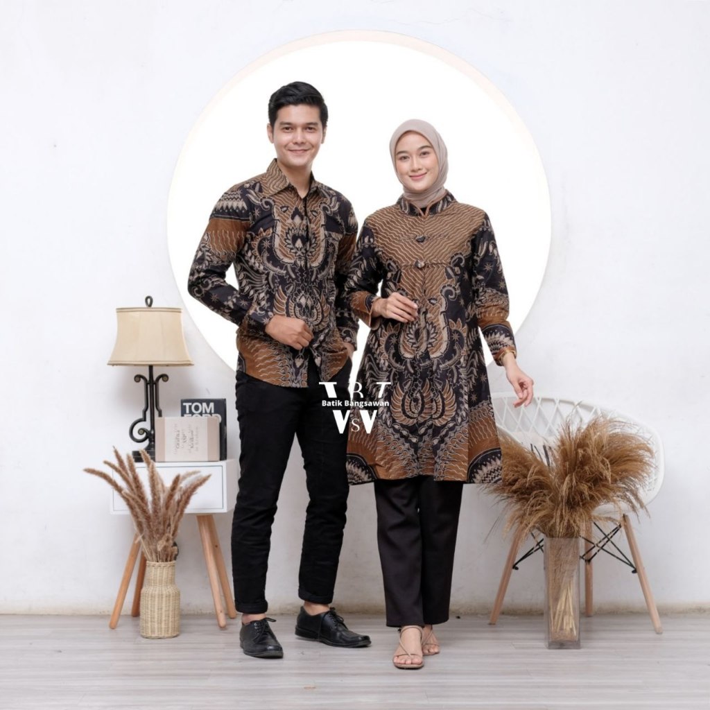 Atasan Tunik Batik Wanita Couple Busui Frendly Matt Katun Kemeja Batik Pria Lengan Panjang - Motif r