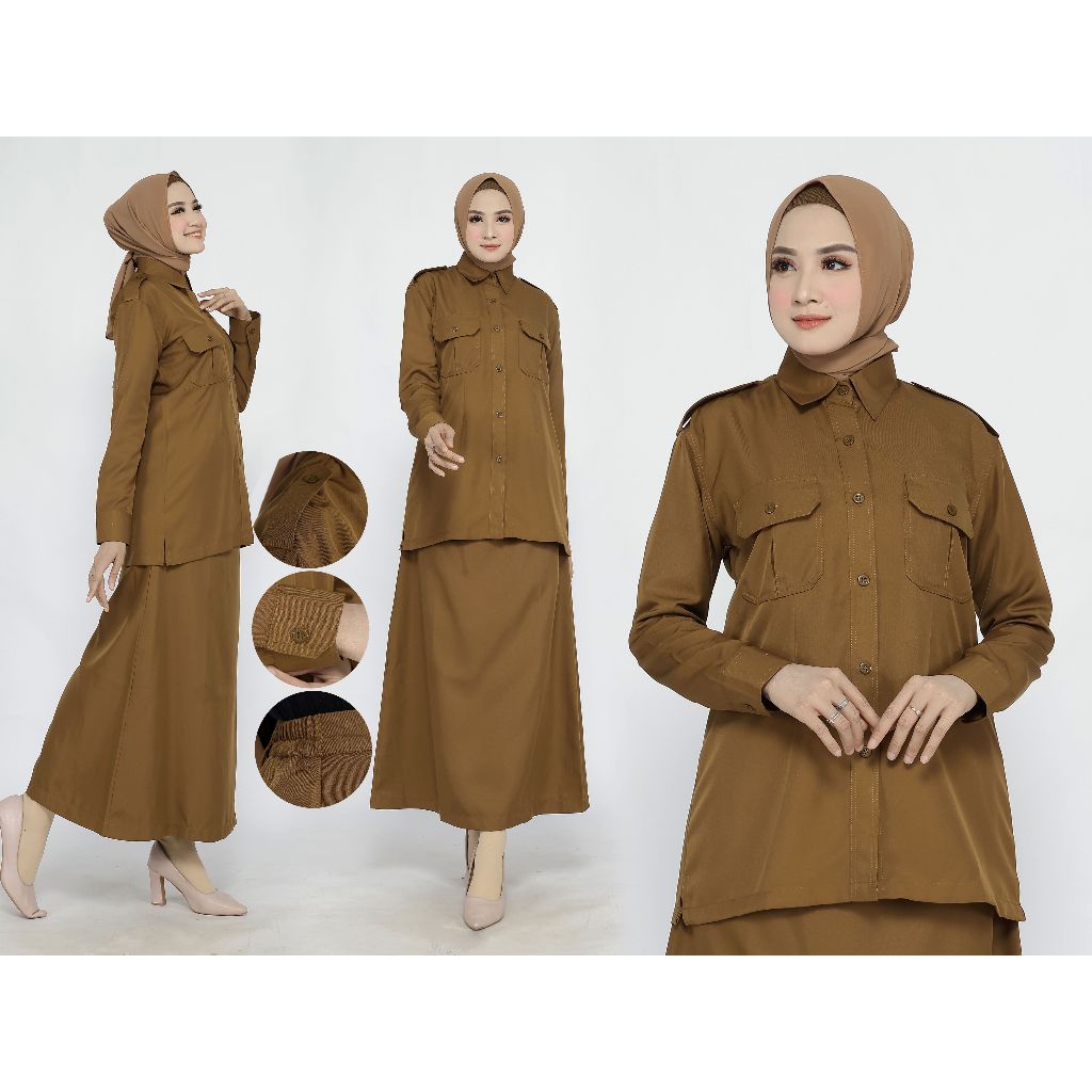 Seragam Kerja Wanita Khaki Tua Pemda PNS Set Rok Span/Rok.A Katun Furing Free Hijab