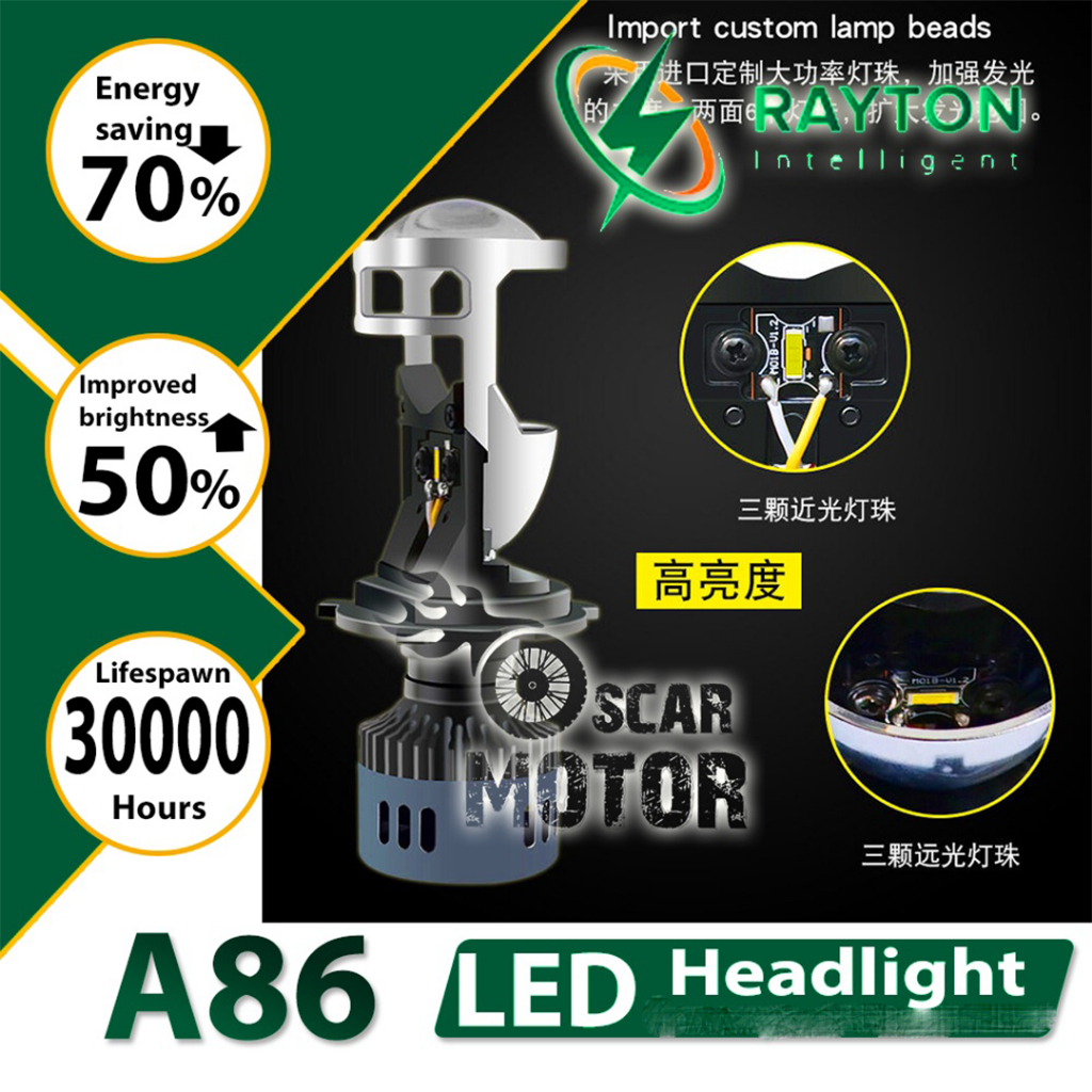 LAMPU UTAMA MOBIL RTD RAYTON A86 H4 LENS LED HID NEW SET SOROT TEMBAK