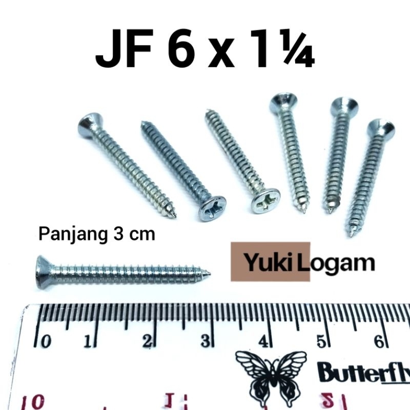 100 pcs sekrup 3cm JF 6 X 1¼ Kepala rata