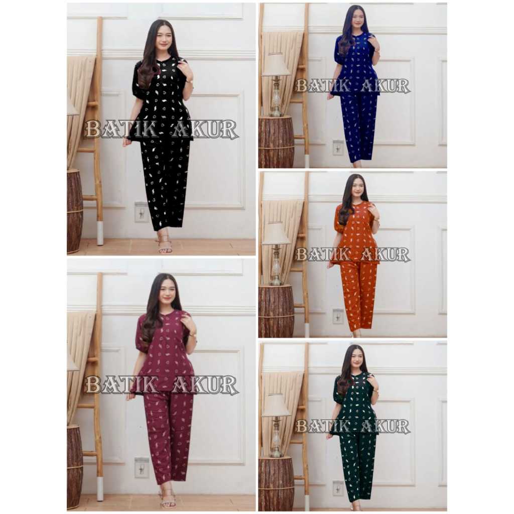 Baju Atasan Wanita One Set Kekinian Baju Setelan Rayon Batik Celana Panjang Lengen Pendek