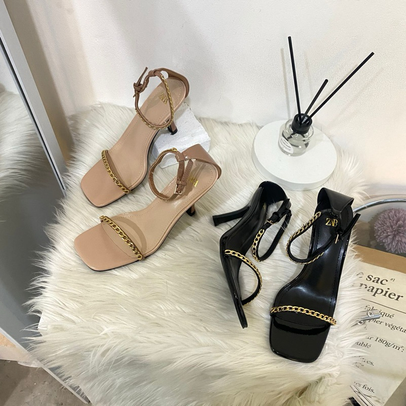 Chain high heels 8cm by Zara import high quality fashion shoes sepatu wanita hak tinggi ankle strap 