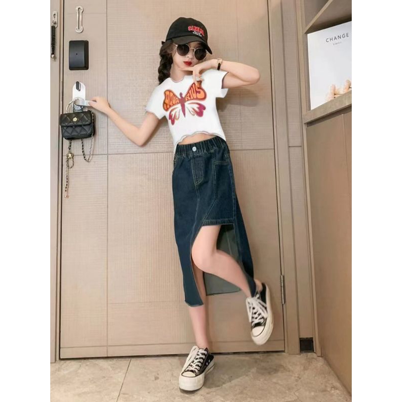 Setelan Rok Jeans + Kaos Crop Bangkok Korean Vintage style Premium import anak perempuan