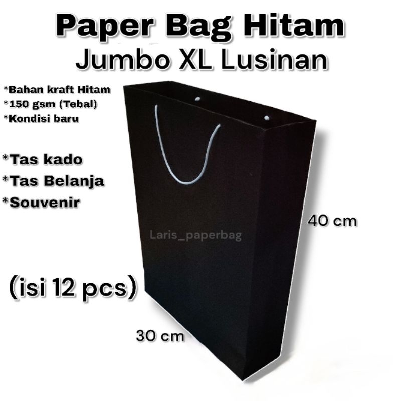 

RN Paper Bag Hitam Polos Jumbo XL Lusinan Isi 12 pcs Ukuran 30*9"40 cm