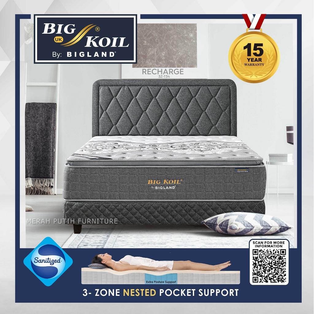 Dipan + Kasur Springbed BIG KOIL BY BIGLAND RECHARGE 3Z-T34. Matras Bergaransi.