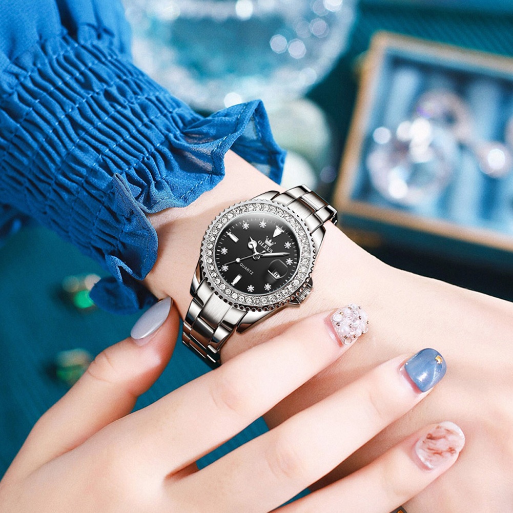 exclusive olevs jam tangan wanita anti air original stainless steel cewek luminous kalender analog