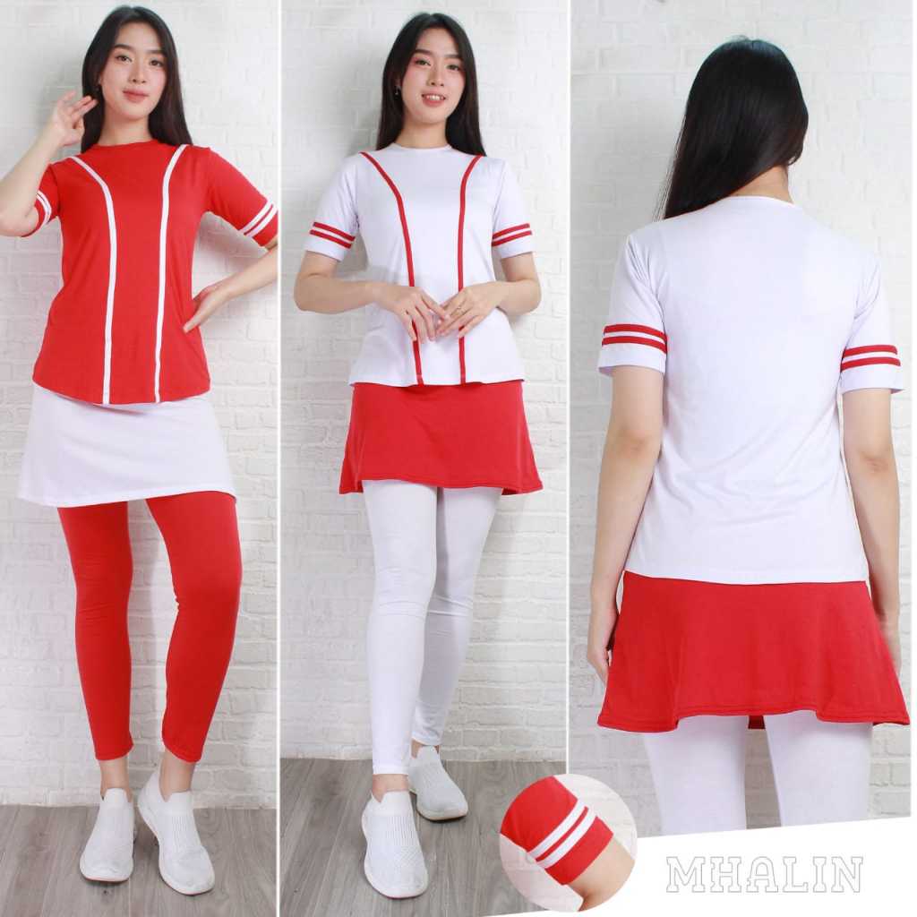 Setelan Senam Wanita Merah Putih - Baju Senam Wanita - Setelan Wanita Viral Kekinian
