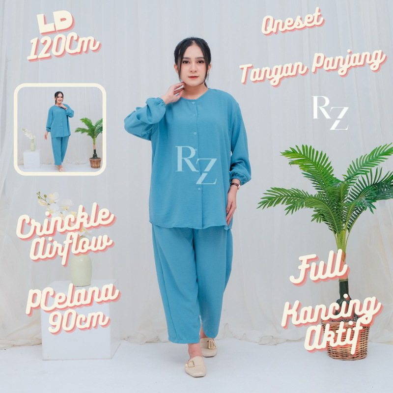 Setelan Oneset Wanita Pajamas Baju TANGAN PANJANG Ld 120cm Celana Panjang Bahan Crinkle AirFlow Prem