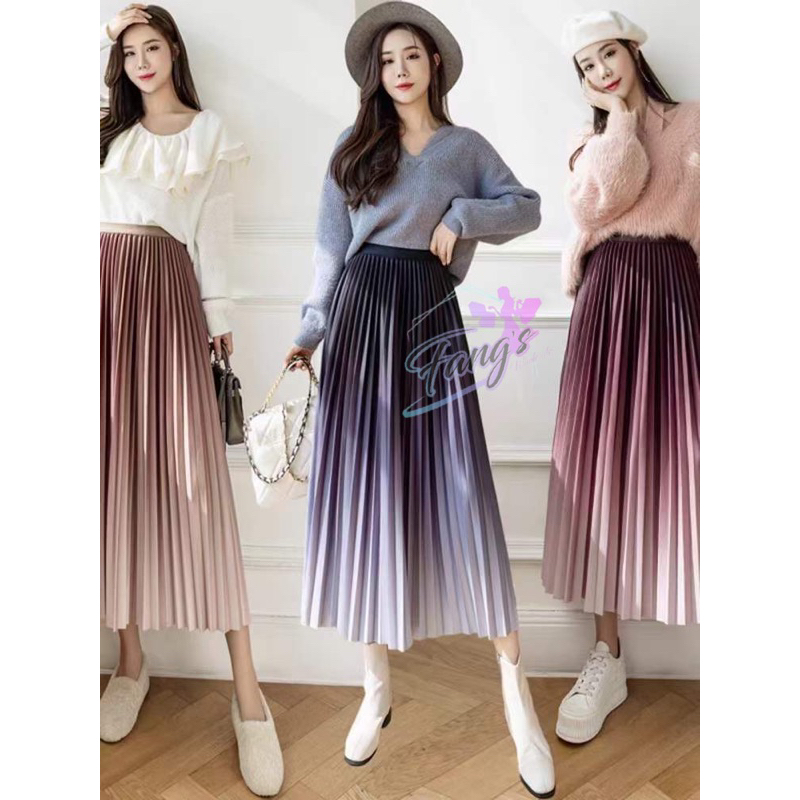 FW R696 Rok Plisket Ombre Tebal Import Premium | Rok Gradasi Midi Import Premium
