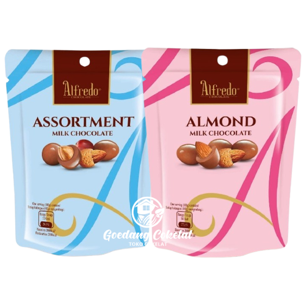Alfredo Coklat Almond Kismis Hazelnut Assortment Milk Chocolate Kemasan Pouch 30g