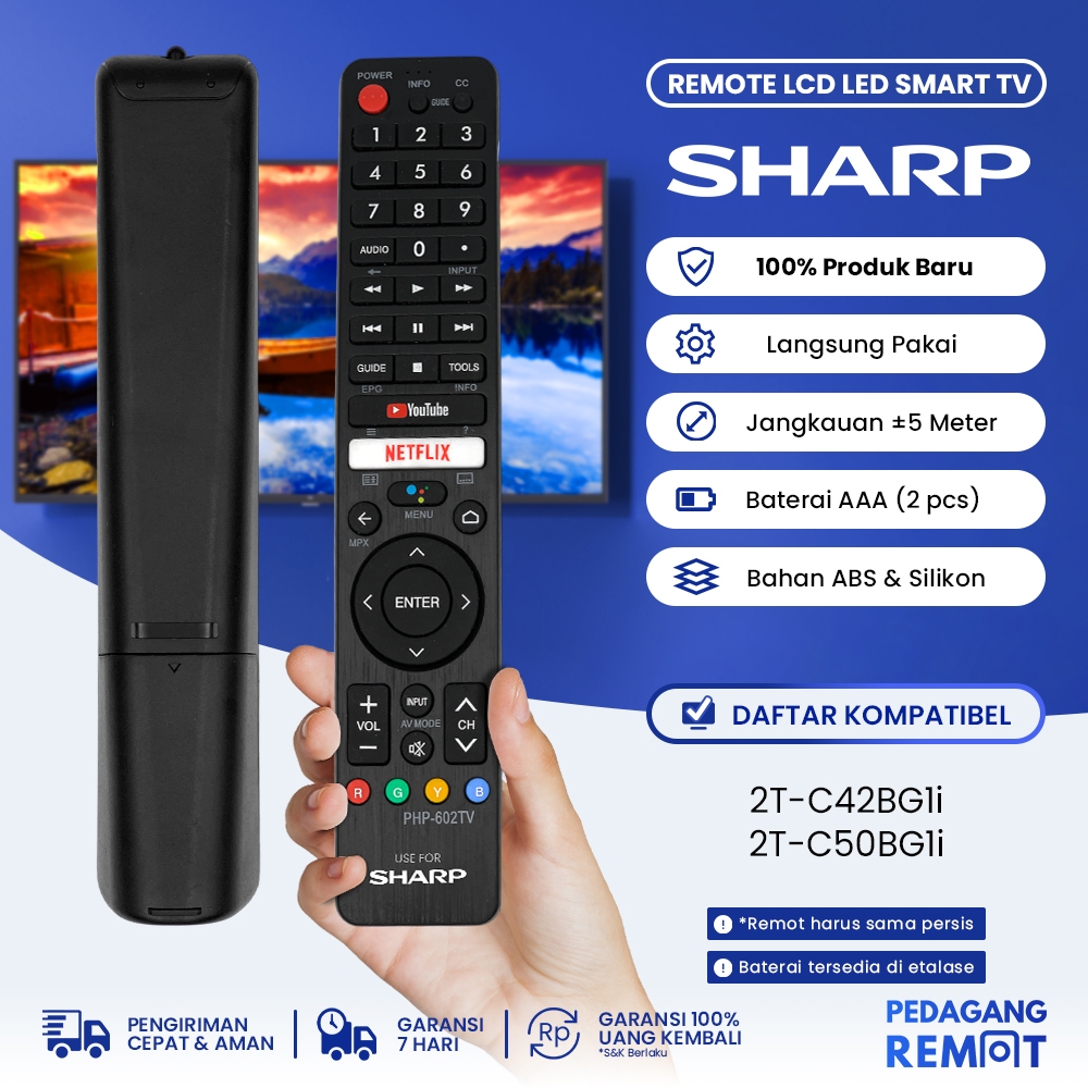 Remot Remote TV Sharp Aquos LCD LED Smart Android TV GB326WJSA IR (Non Voice Command) 2T-C42BG1i 2T-C50BG1i