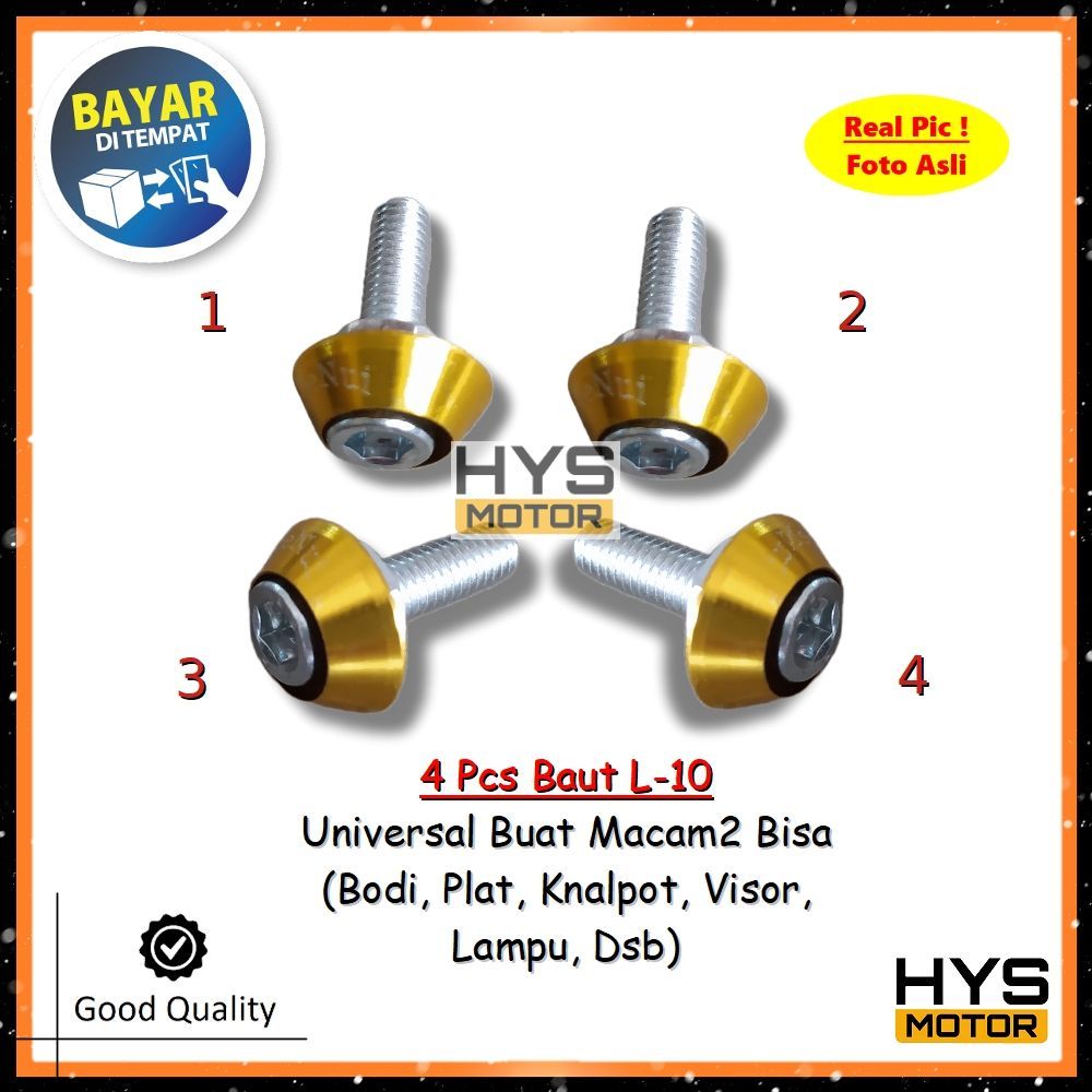 HYS 4 PCS Baut L Monel Ukuran 10 Untuk Bodi Plat Knalpot Visor Lampu Dsb – GOLD