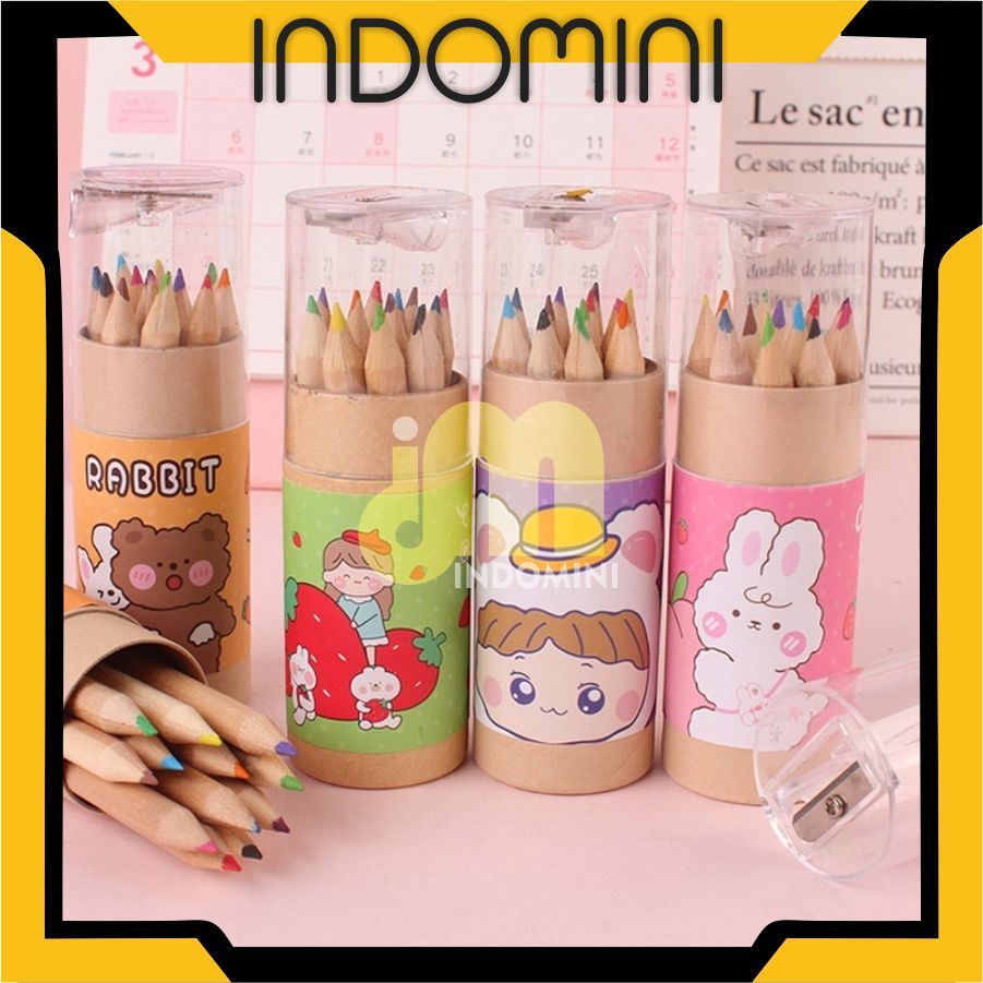 

INDOMINI Pensil Warna 12 IN 1 + Serutan Pensil Color Pencils Quality Pensil Warna Karakter Kemasan Tabung Murah S120