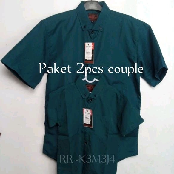 Hem Kemeja Couple Ayah dan Anak laki laki Polos Lengan Pendek Warna Hijau Botol bahan katun Kemeja P
