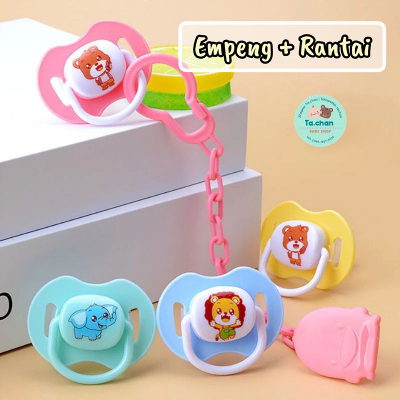Empeng dan rantai / pacifier / empeng bayi /empeng gepeng / empeng bulat/ empeng Huki