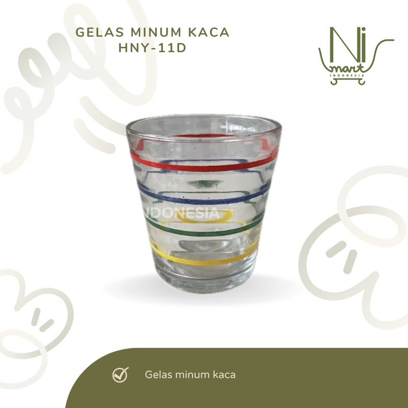 GELAS MINUM KACA HNY 11 D | BERMOTIF GARIS UNIK CANTIK MURAH FAVORITE TEBAL WARNA WARNI KEDAUNG