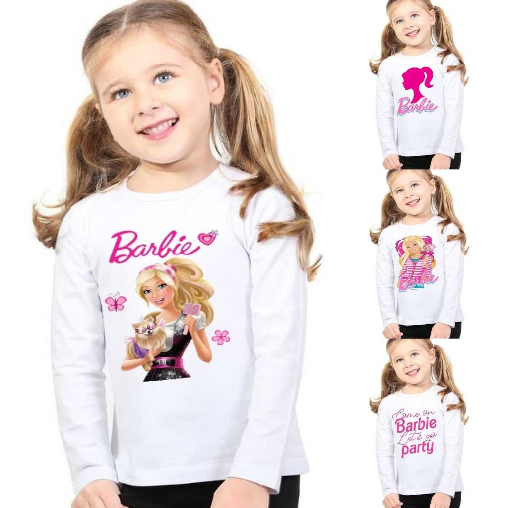 Baju Kaos Putih Anak Perempuan Lengan Panjang Barbie