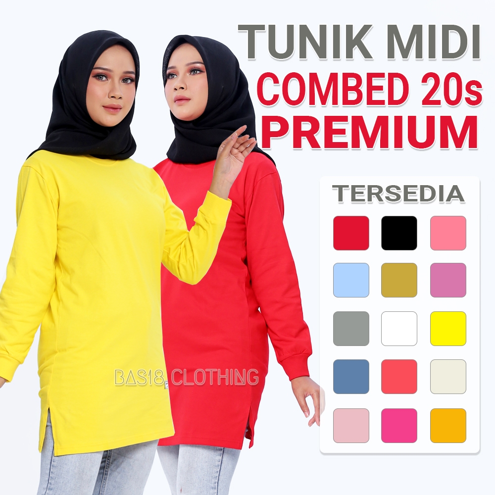 Kaos Tunik Atasan Wanita Hijab // Kaos Semi Tunik Midi Polos // Oversize Belah Samping Cotton Combed