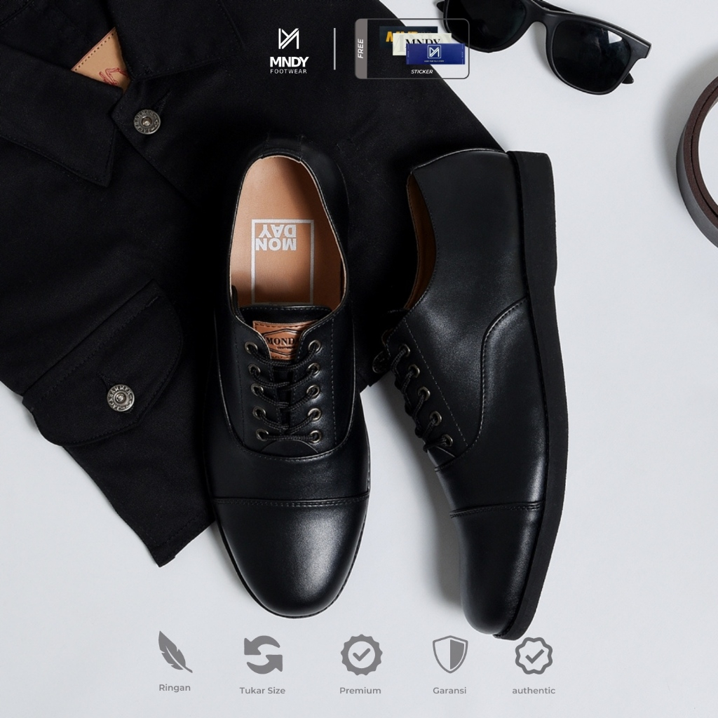 Foto MNDY Official - Oxford Full Black - Sepatu Pantofel Pria Dewasa Formal Casual Kulit Kerja Resmi Kondangan Original