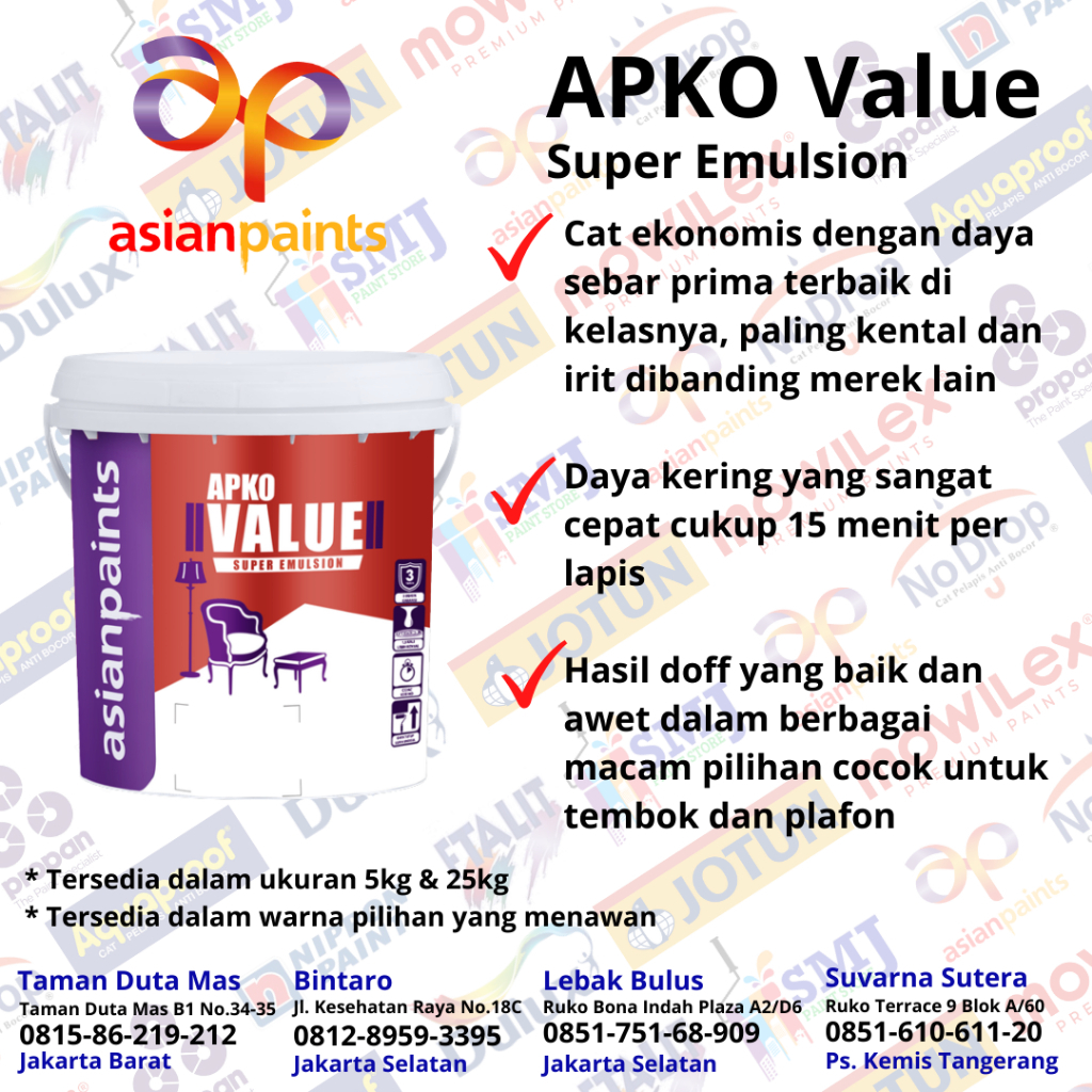 CAT TEMBOK PLAFOND INTERIOR APKO VALUE SUPER EMULSION DARI ASIAN PAINTS 25 KG