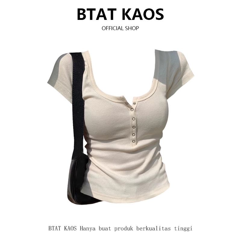 BTAT Crop Top Kancing Depan Kerah U Polos Kaos Wanita 2024 (S/M/L/XL)