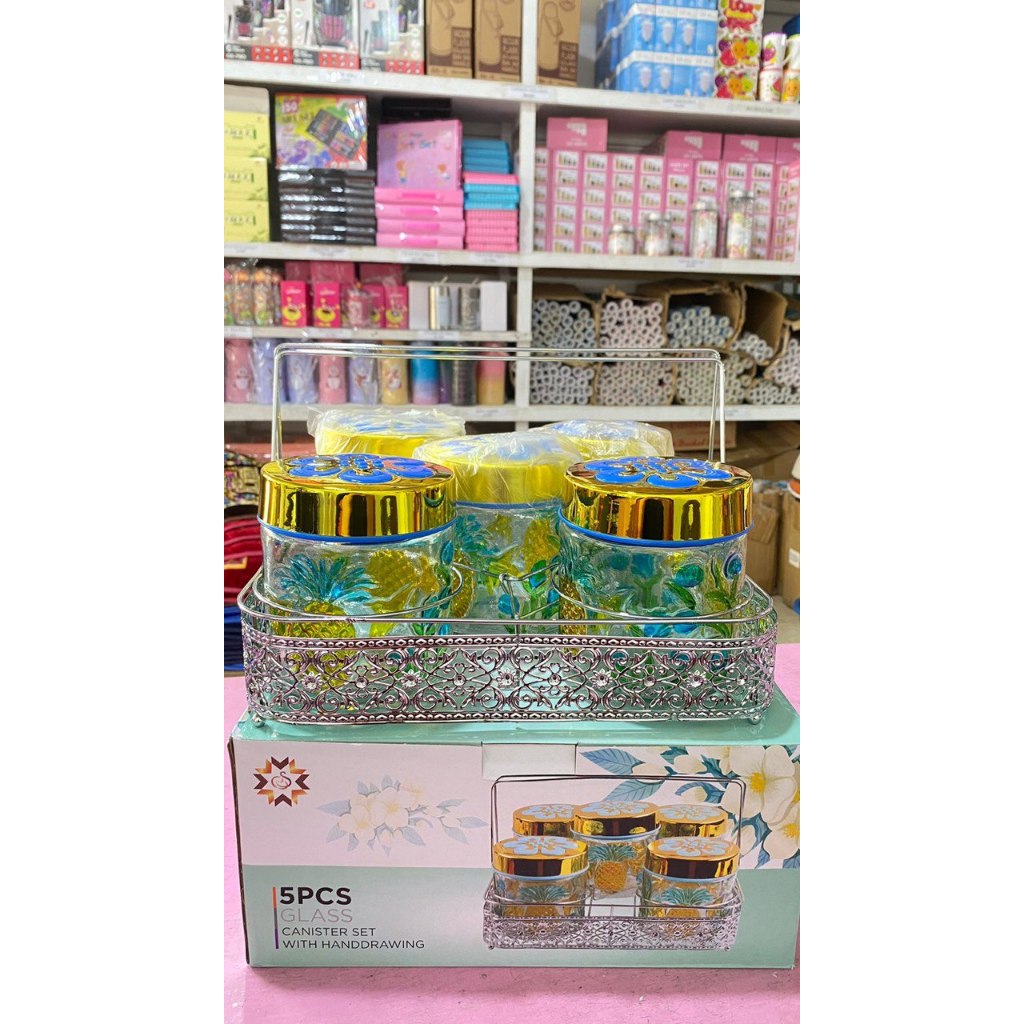 Toples Kaca Set Rantang 5 Pcs Motif/Toples Lumia/ Toples Mahkota/ Toples HA Kaca / Toples Madu / Gen