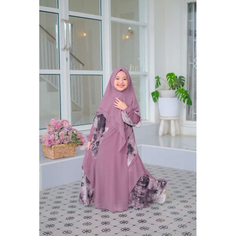 Gamis Syar'i Anak Terbaru Ceruty Printing Mix Polos // Baju Anak Bisa Cod Alisha Muslim Fashion