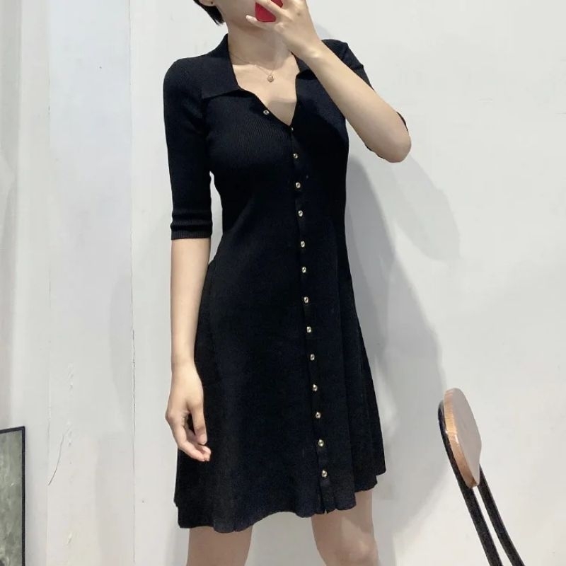 #D8210 Elsa Knitted Button Mini Shirt Dress