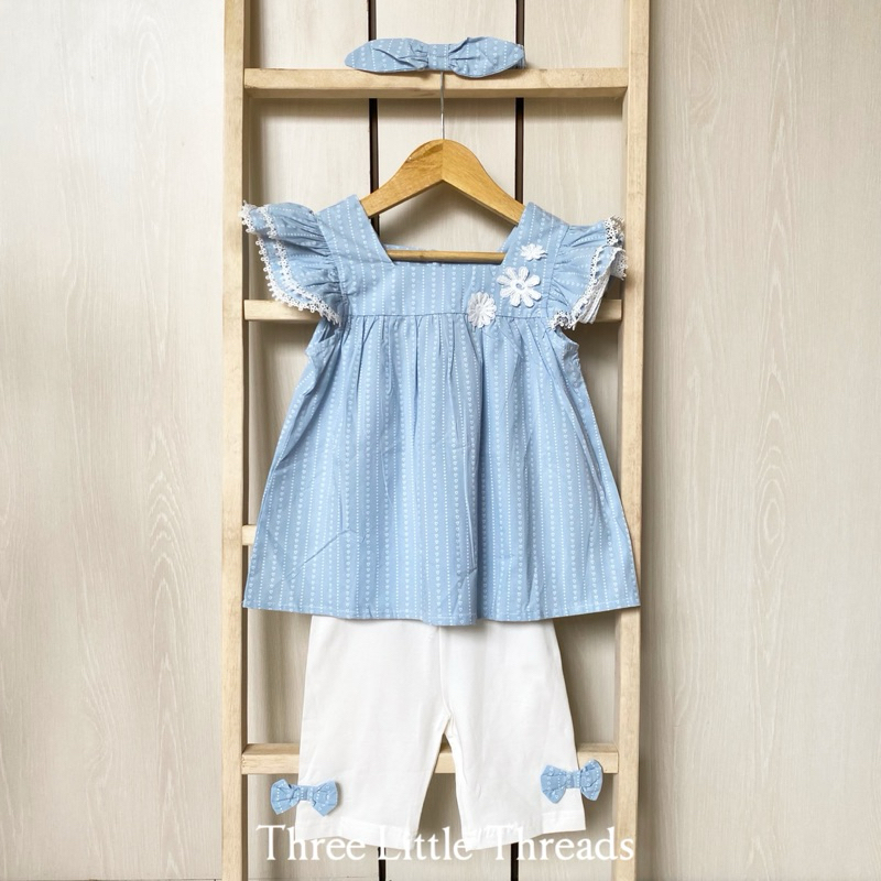 Three Little Threads - Xiu Sky Blue and White Set / Setelan Baju Dress Atasan Celana Anak Perempuar 