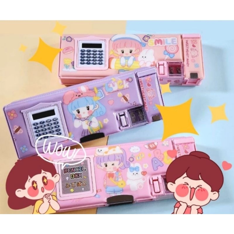 

Kotak pensil anak magnet motif karakter dengan serutan dan kalkulator