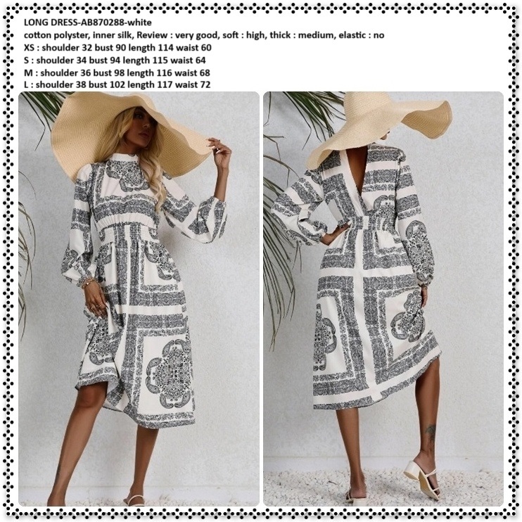AB870288 Long Dress Midi Pesta Lengan Panjang Tunik Wanita Korea Import Putih White