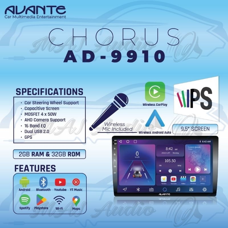 Head Unit Android Avante by Pioneer AD-9910 with Mic Karaoke