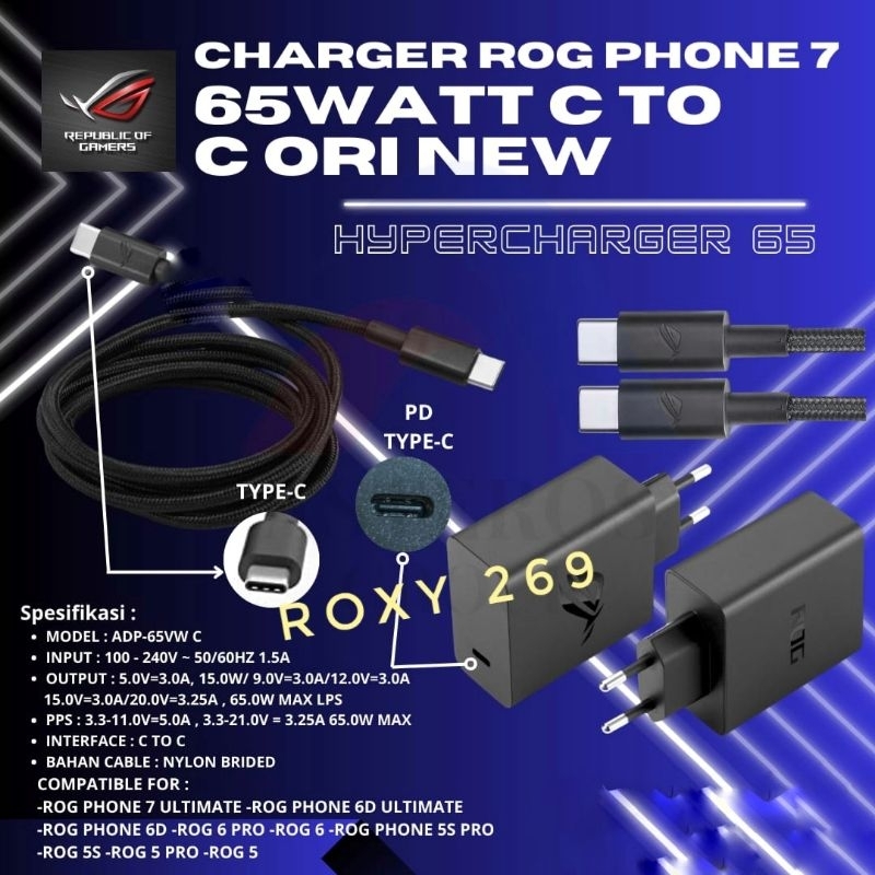 Charger Carger Rog Phone C to C 65W 65 Watt Original Ori New RogpHone Republic Of Gamers Hypercharge
