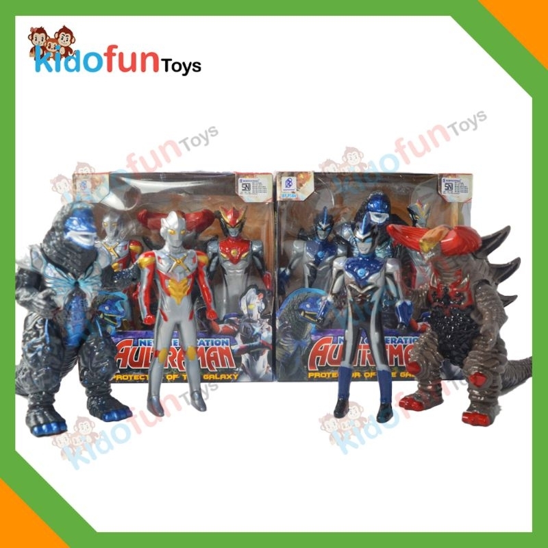 Mainan Action Figure Set Ultraman X Victory Blu Rosso dan Monster Kaiju 19cm Ada Suara & Lampu