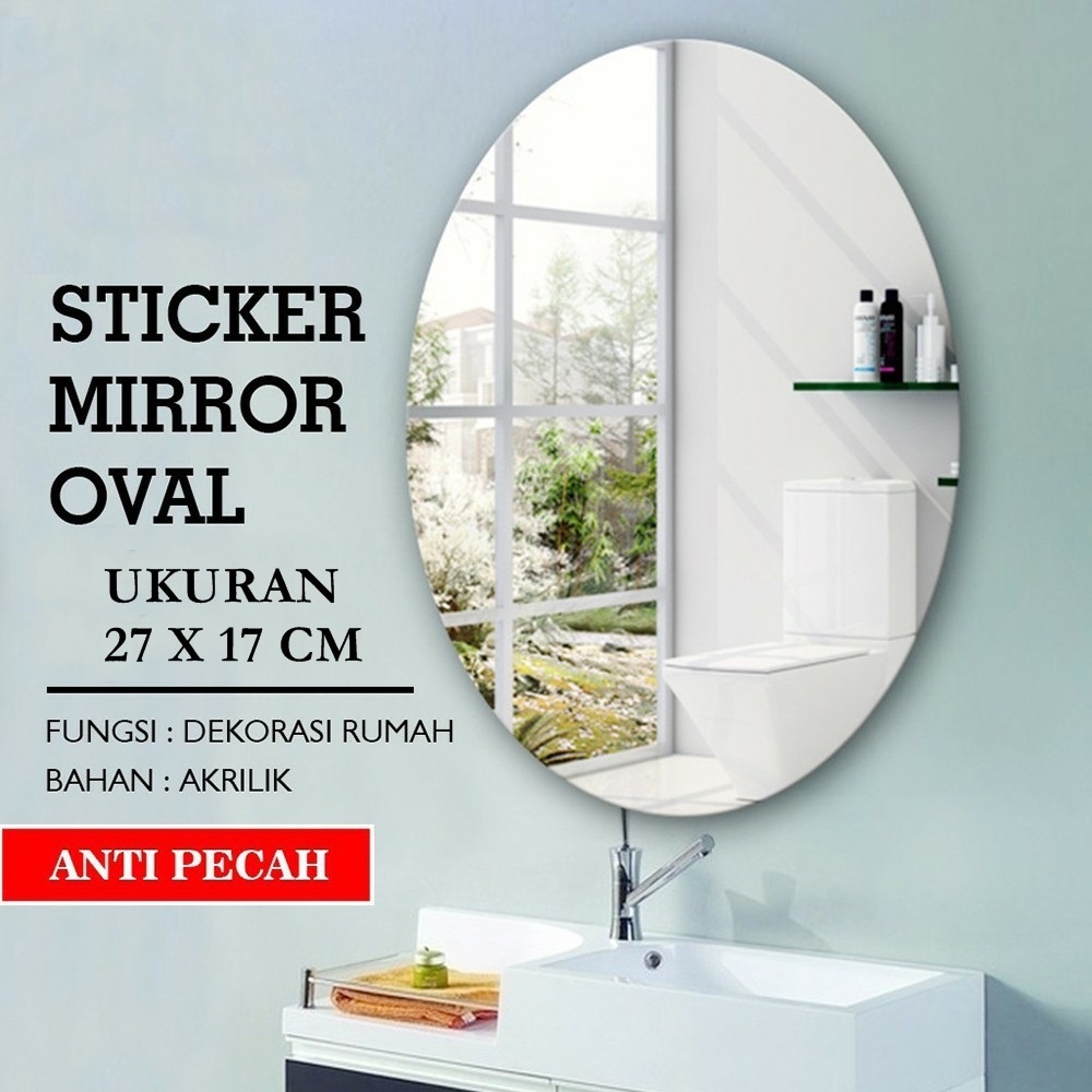 Cerminan Sticker 3D Dinding Bentuk Oval Kaca Acrylic Beserta Perekat Lem Kaca Cermin Tempel - White_