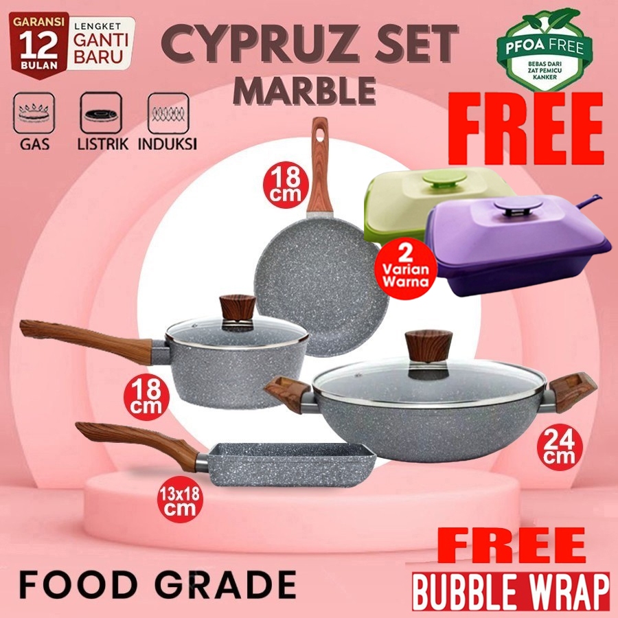 Cyprus Marble Cookware Cypruz Set Wok Sauce Pan Frypan 4 Pcs Panci Wajan Penggorengan Induksi