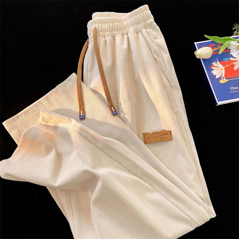 GDTIMA Celana Corduroy Wanita Elastis High Waist Baggy Pants Straight Pants