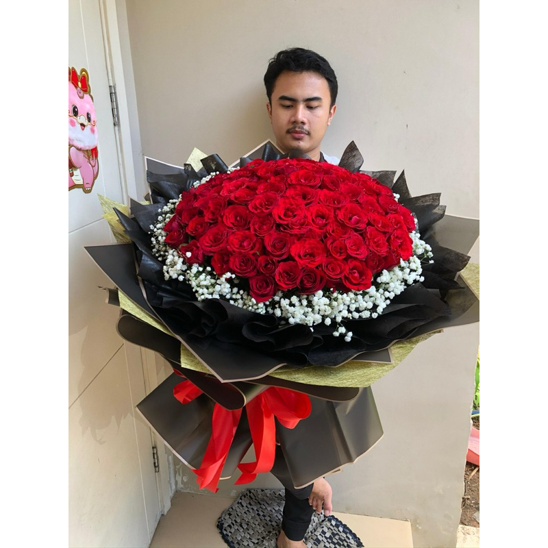 INSTANT DELIVERY Red Roses Bouquet Buket Bunga Mawar Merah Asli Segar Cantik Romantis Hadiah Souveni