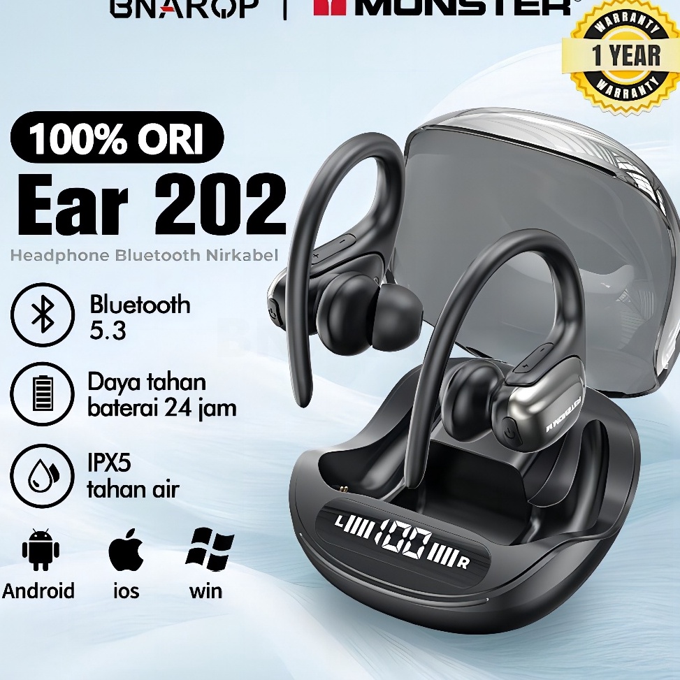 TERBAIK  Monster Open Ear 22 Earphone Bluetooth V53 TWS True Wireless IPX5 Tahan Air Sport Headset B