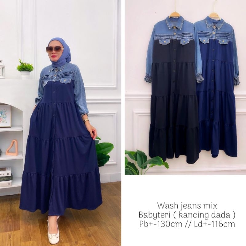 Okla Jeans Dress  warna hitam biru Dongker navy Maxi dress cewek bahan Jeans wash import mix babyter