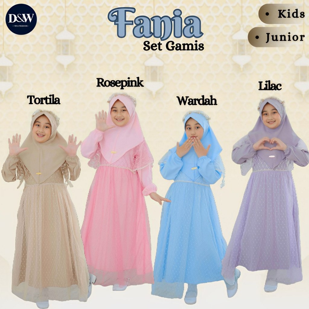 Fania Set Gamis by D&W, Gamis Anak Perempuan size 4 6 8 10 12 14 Tahun
