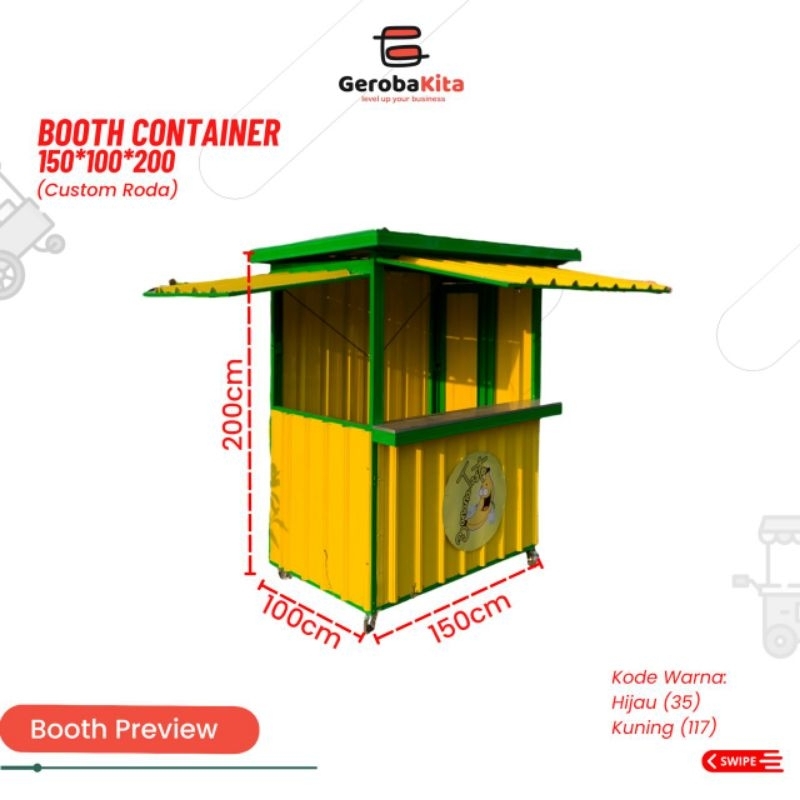booth kontainer ukuran 150x100x200 custom lantai , roda