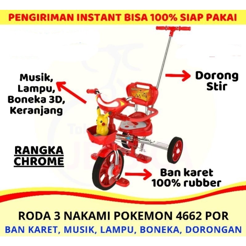 Sepeda Anak Roda 3 (Tiga) Tricycle Nakami Pokemon Pikachu