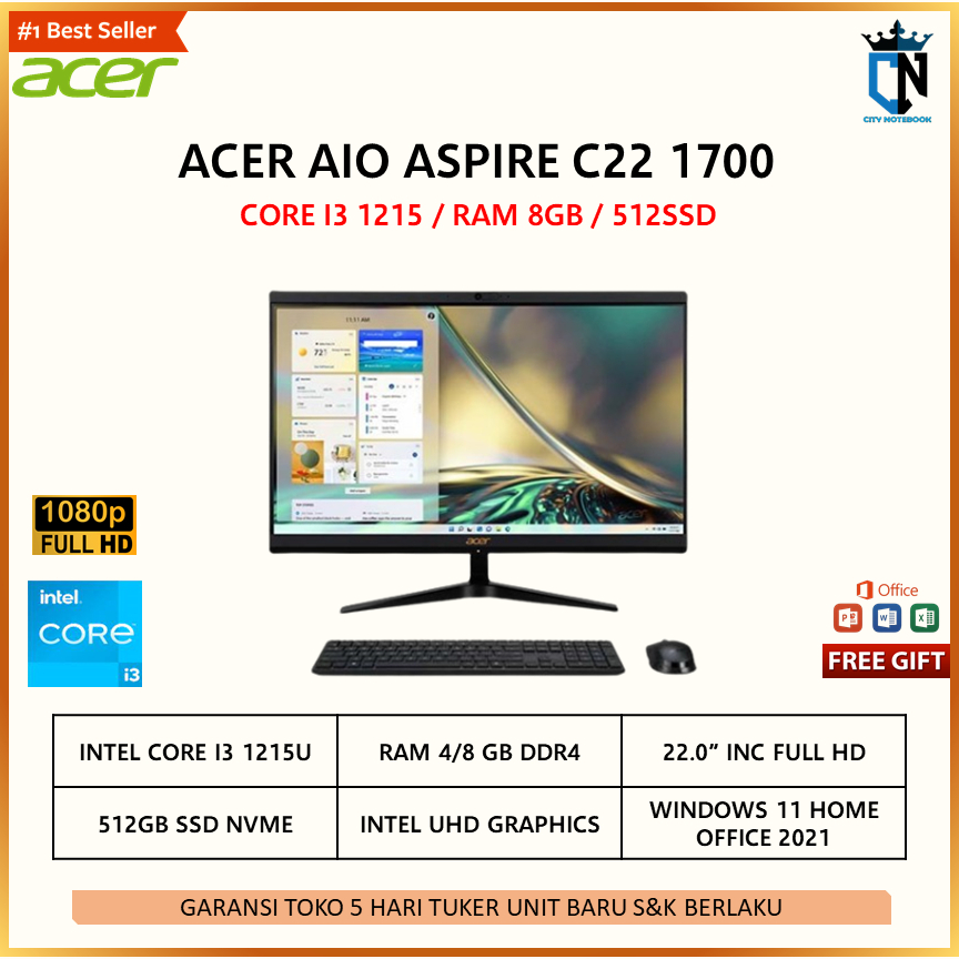 PC AIO Acer Aspire C22-1700 Core i3-1215/8GB/512GB/W11+OHS/22.0 FHD
