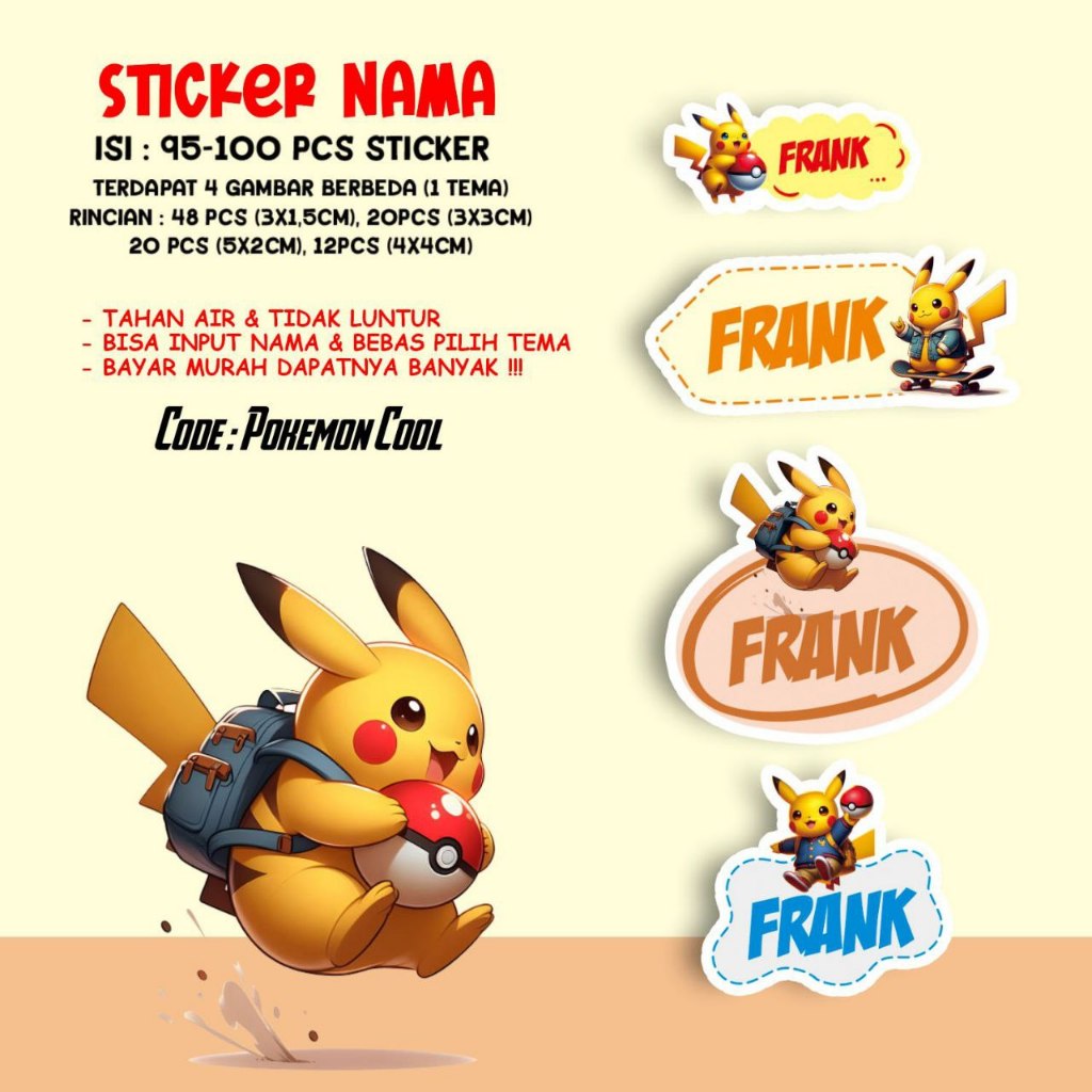 

Sticker / Stiker Label Nama Karakter Tema POKEMON COOL / PIKACHU / PIKACU